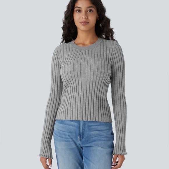 Halara Gray ROUND NECK LONG SLEEVE FRILL SWEATER SIZE L. - Picture 1 of 10